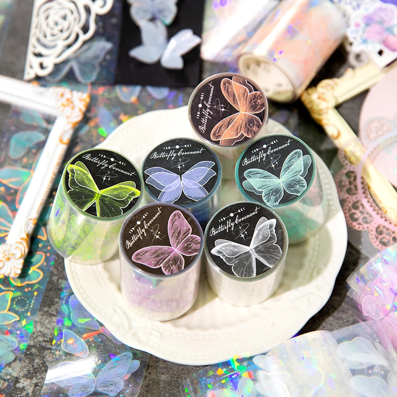 1Roll Tape Butterfly Fantasy Night Laser Gold Handbook PET Decoration Material loop Adhesives Sticker Scrapbook DIY 50MM