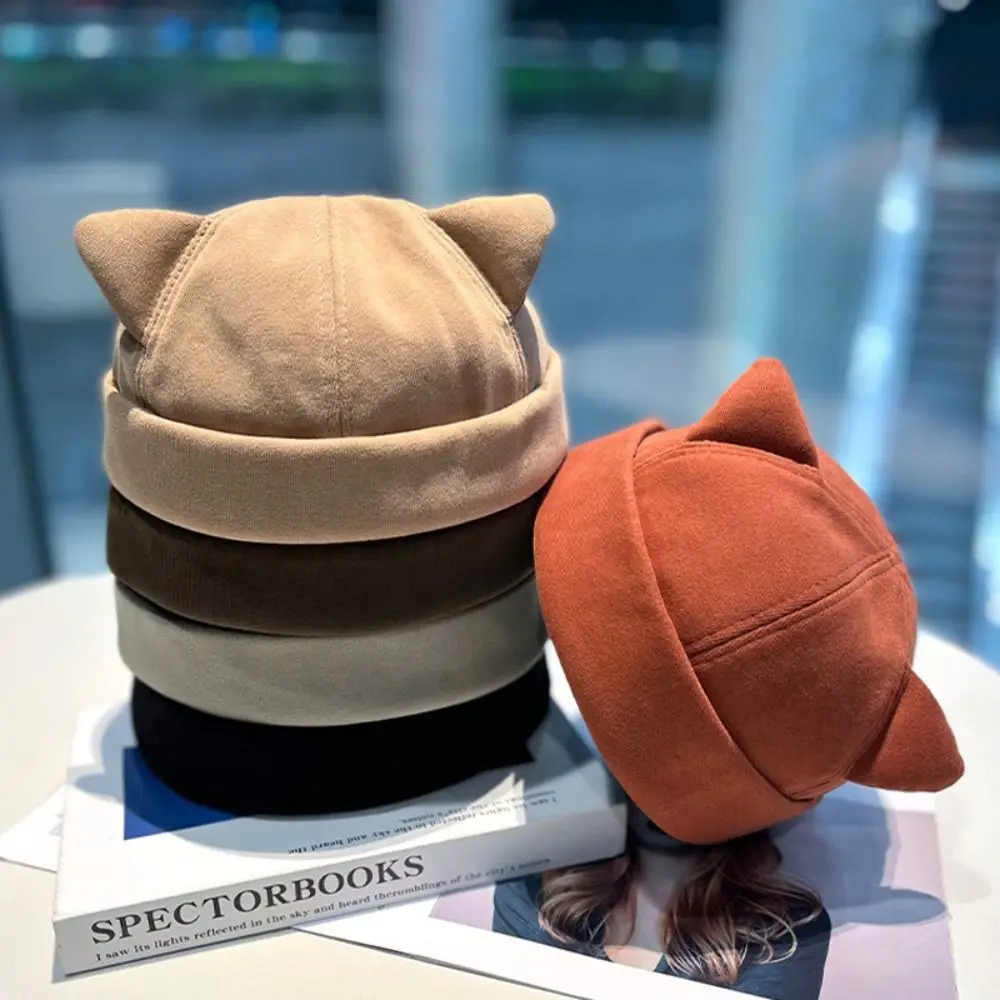 

Leisure Wool Cat Ear Beanie Hat Casual Solid Color Melon Skin Cap Polyester Soft Brimless Skullies Cap Outdoor