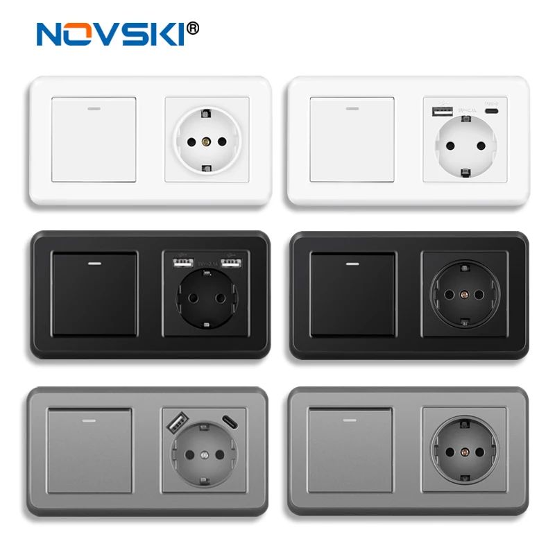 EU socket with toggle switch, 220v 16a wall socket with usb 153*82 Plastic panel with light switch 1gang 1/2/3way output