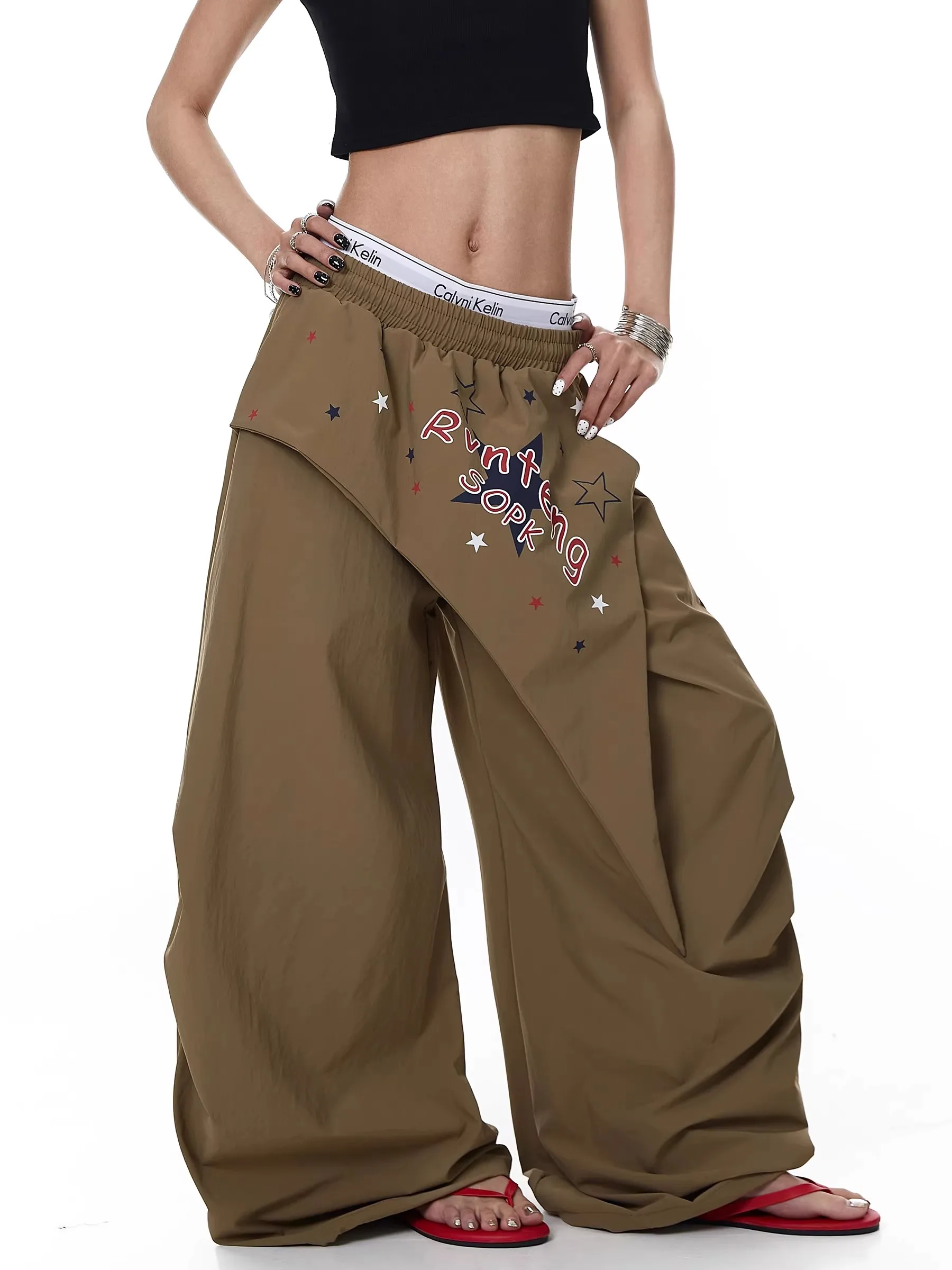 American Retro Star Splice Workwear Paratrooper Pants Women's Summer Trend Loose Jazz Dance Wide Leg Pants Casual Trousers