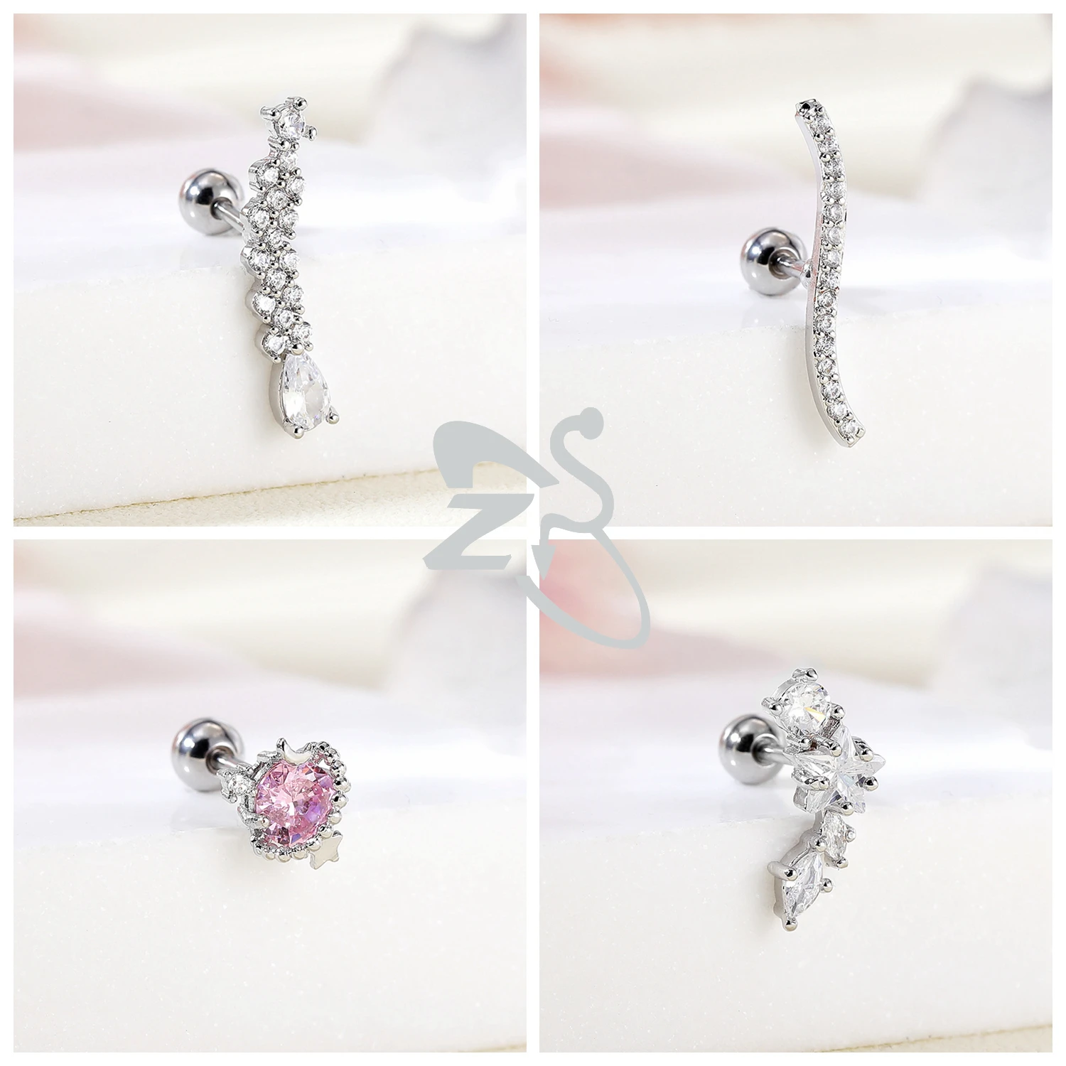 ZS 1 PC Cute CZ Crystal Stud Earring For Women Girl Heart Flower Stainless Steel Ear Studs Tiny Helix Cartilage Piercing Jewelry