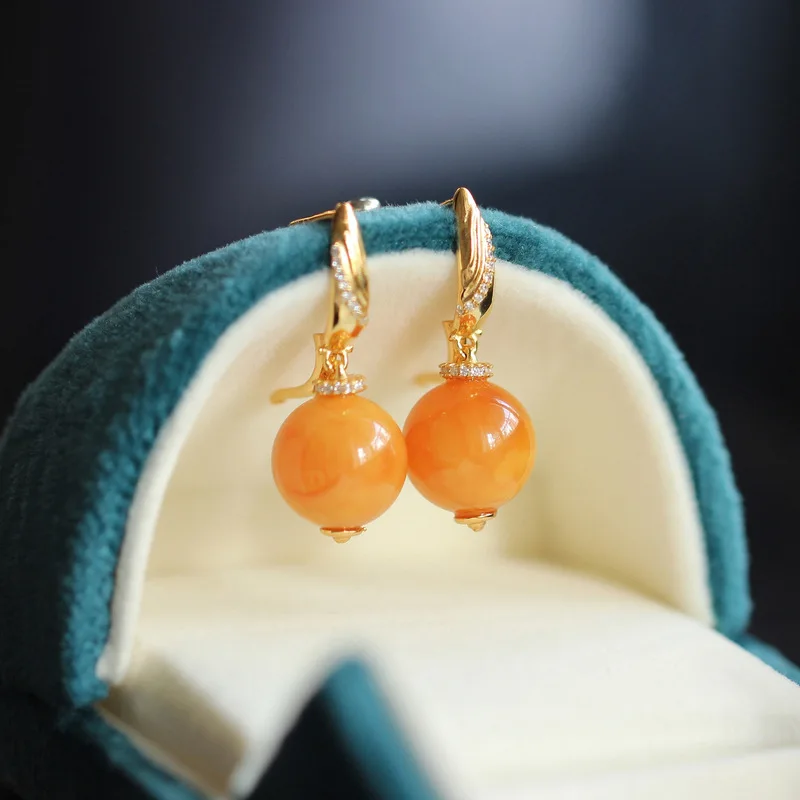 Russian Vintage Round Bead Earrings, S925 Silver Inlaid With Floral Honey Amber Ear Clasps