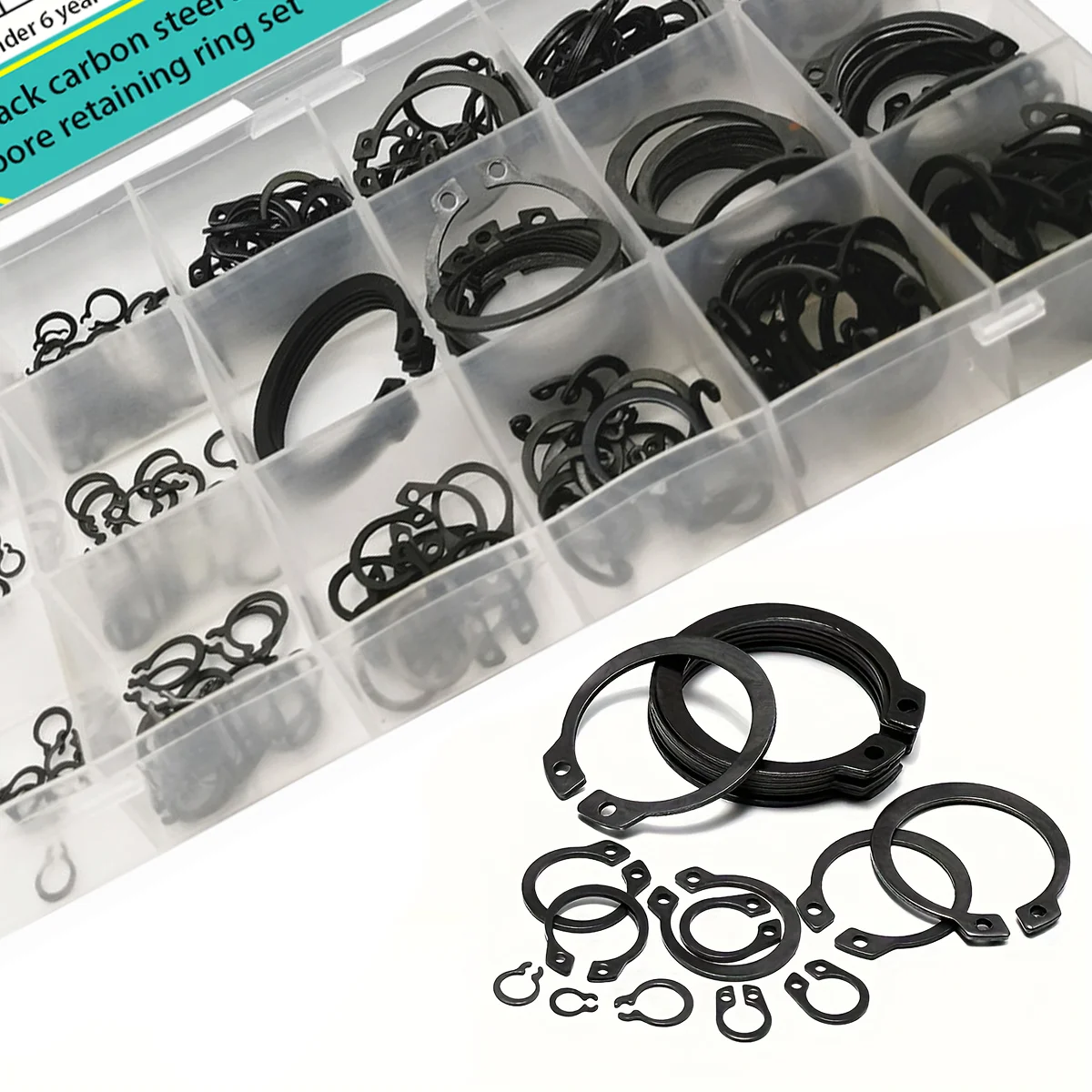 300-Piece Set of Black Carbon Steel Shaft and Bore Retaining Ring Assembly, Inner and Outer Snap Ring and Snap Ring Kit