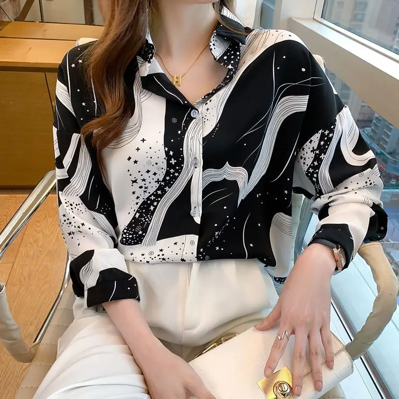 Temperament Spring and Autumn Women\'s POLO Collar Printing Contrast Color Single Breasted Fashion Loose Long Sleeve Shirts Tops