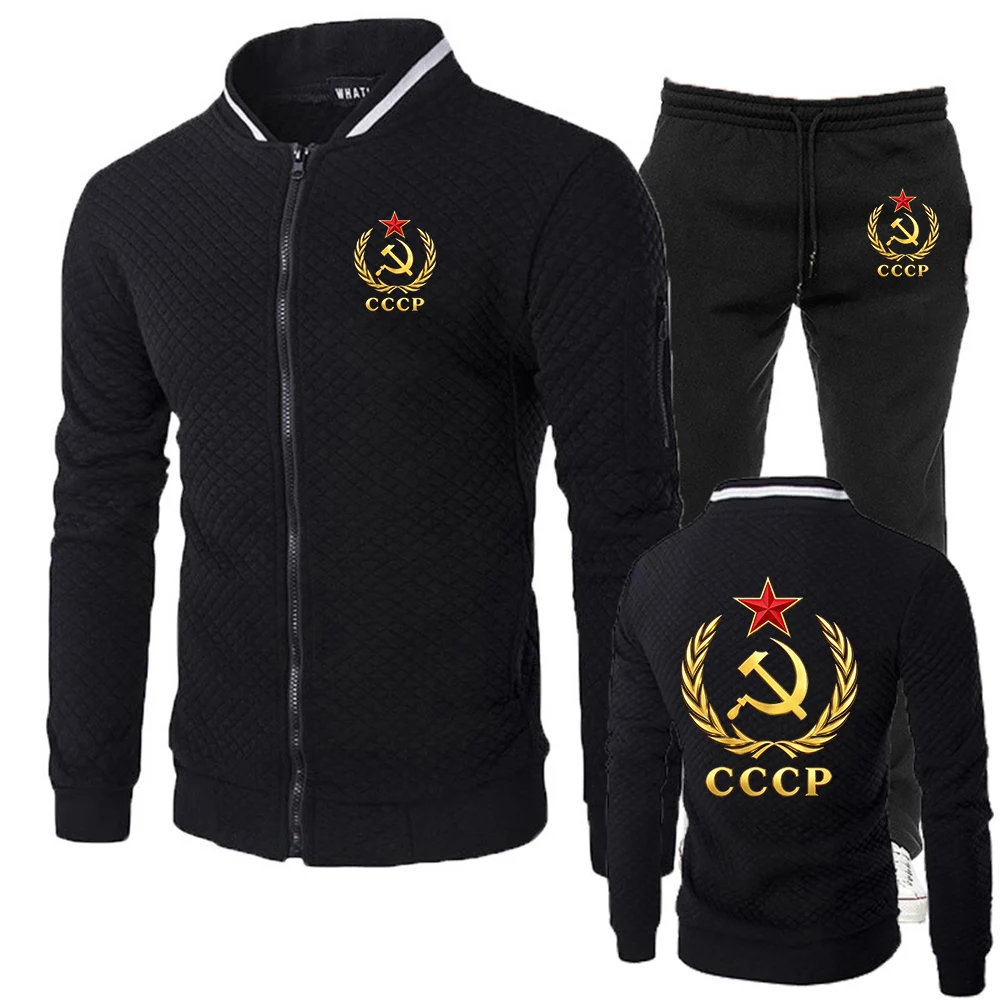 CCCP Russian USSR Soviet Union Moscow Spring and Autumn Men's Fashion Street Stand up Collar Set Jacket Outdoor Casual Hoodies