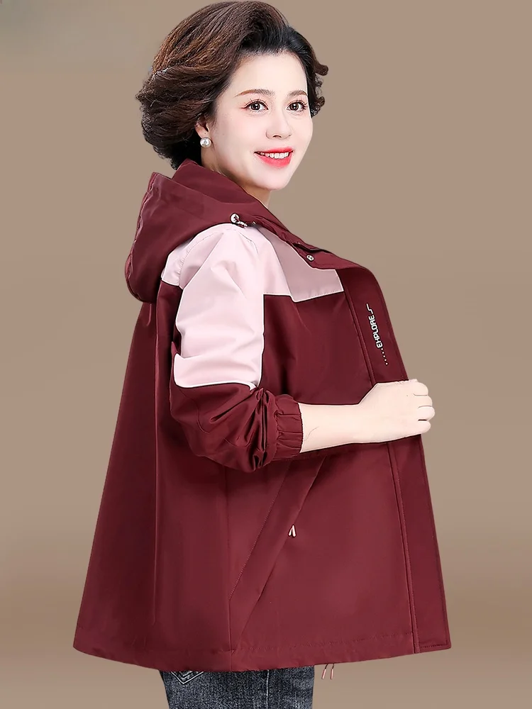 

Casual Spring Outerwear for Middle-Aged Mothers Trendy Large Size Top Women's Hooded Windbreaker Jaet Spor Sle Zipper C...