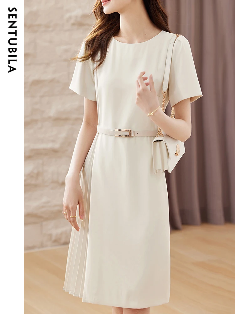 SENTUBILA Elegant Summer Dress for Women 2024 Fashion Ladies Contrast Spliced Pleated Satin Straight Belted Dresses 132L48914