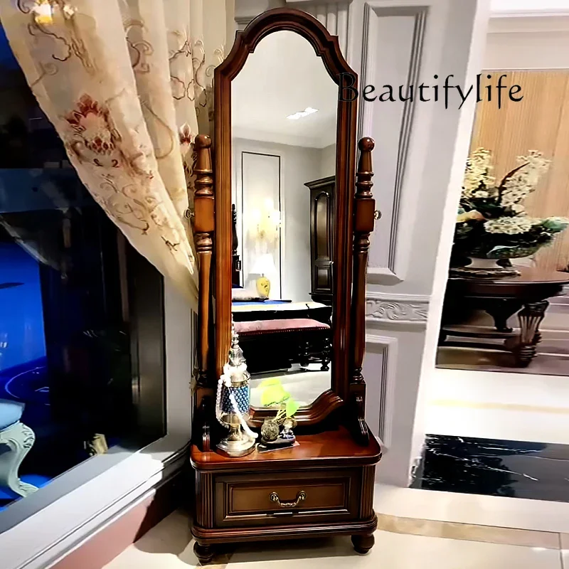 R American Solid Wood Full-length Mirror European Full-body Bedroom Retro Floor Rotatable Fitting Mirror Explosion-proof Makeup