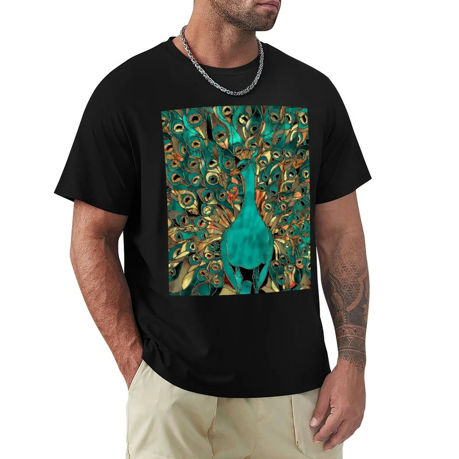

Aqua and Gold Peacock Stained Glass T-Shirt summer top plus sizes boys whites anime shirt clothing for men