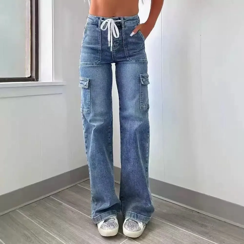 Womens Washed Finish Cargo Pants with High Waist Drawstring Wide Leg Design and Multiple Pockets for Yoga Beach and Holiday Use