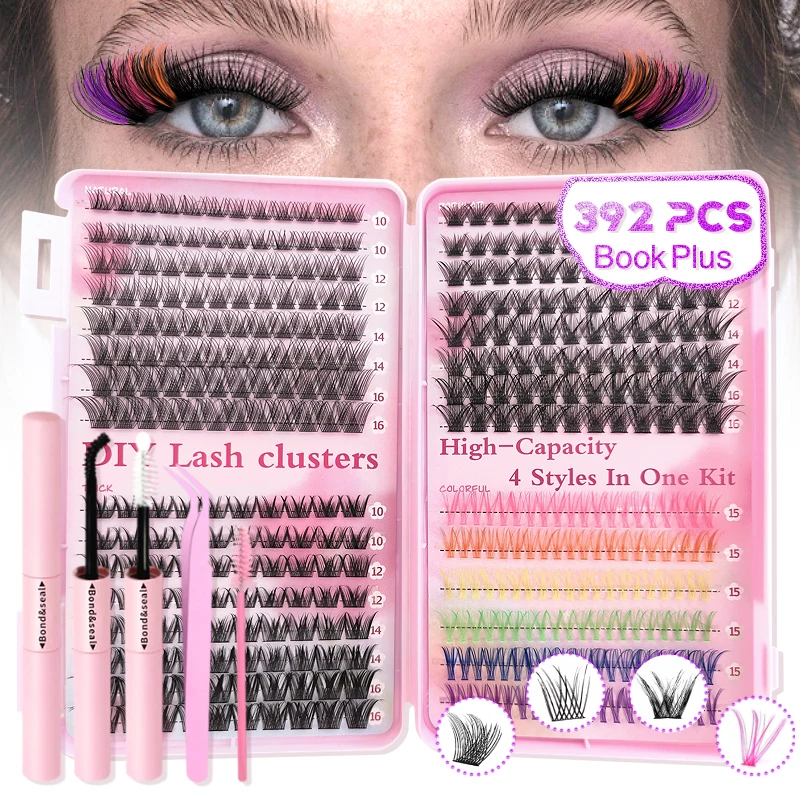 DIY Eyelash Book Lash Cluster Extension Kit, Mix Styles Individual Lash with Bond & Seal, Eyelashes Remover,Tweezers