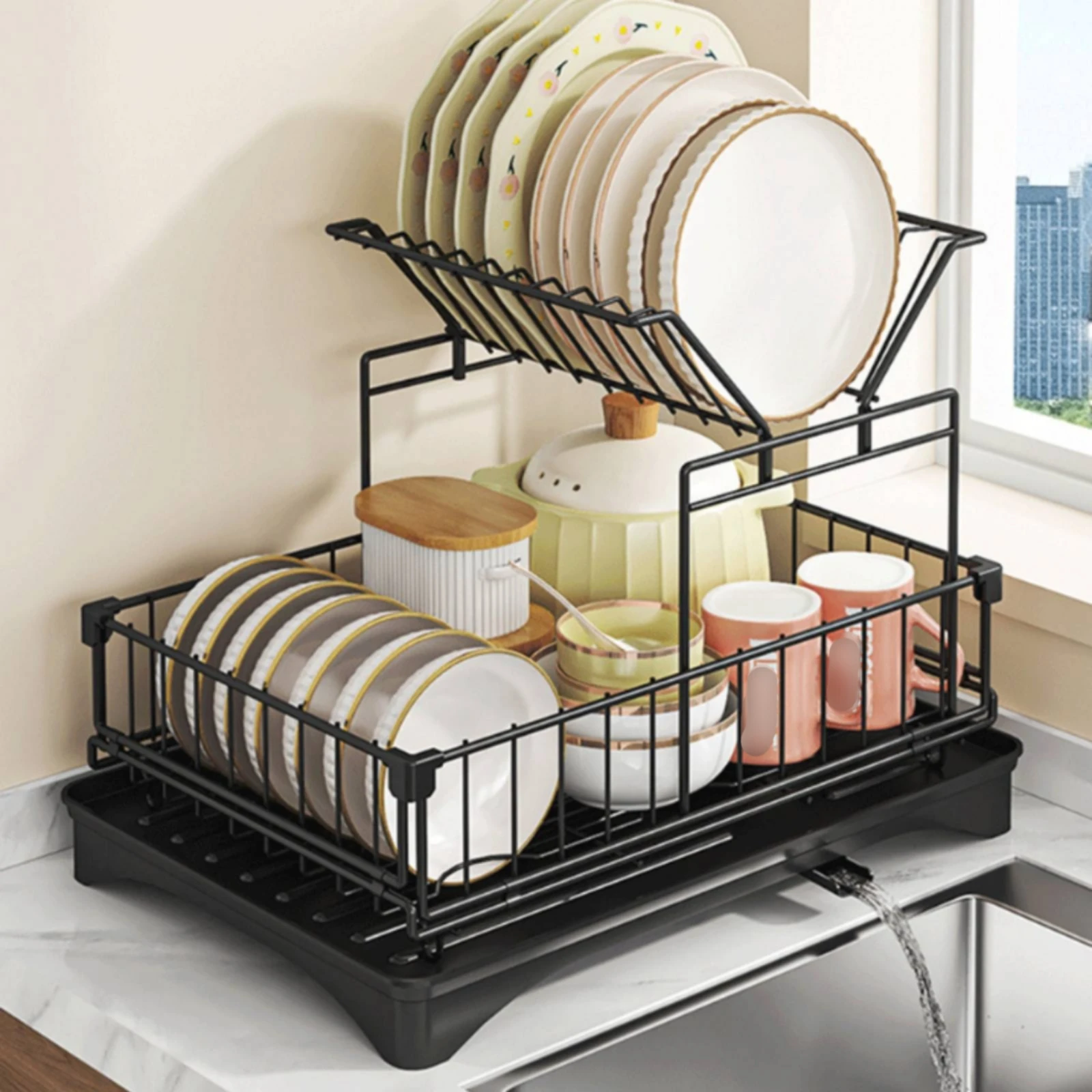 Dish Rack with Drainage Tray Angled-Drain Dish Drying Rack Compact Stable for Apartment