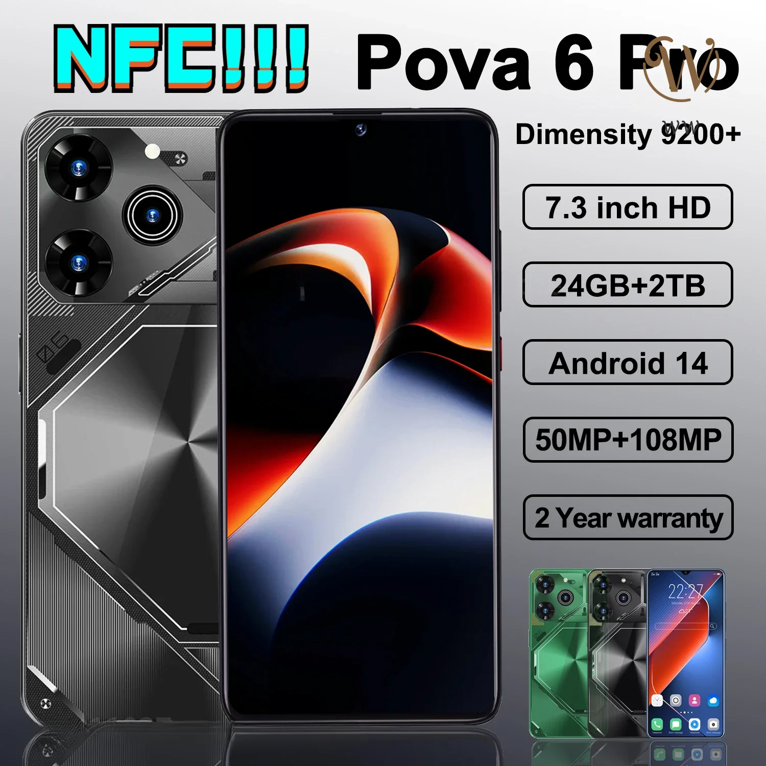 

2024 New Original Pova 6 Pro Flagship Global Edition Smartphone 5G+ Dimensity9200 7.3-inch 22G+2TB 50+108MP Android14 NFC