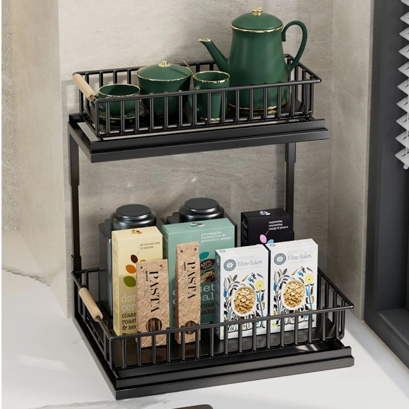 2 Tier Under Sink Storage Organizer Pull Out Bowl and Plate Shelf Cabinet Holder Drainer for Modern Kitchen Organization