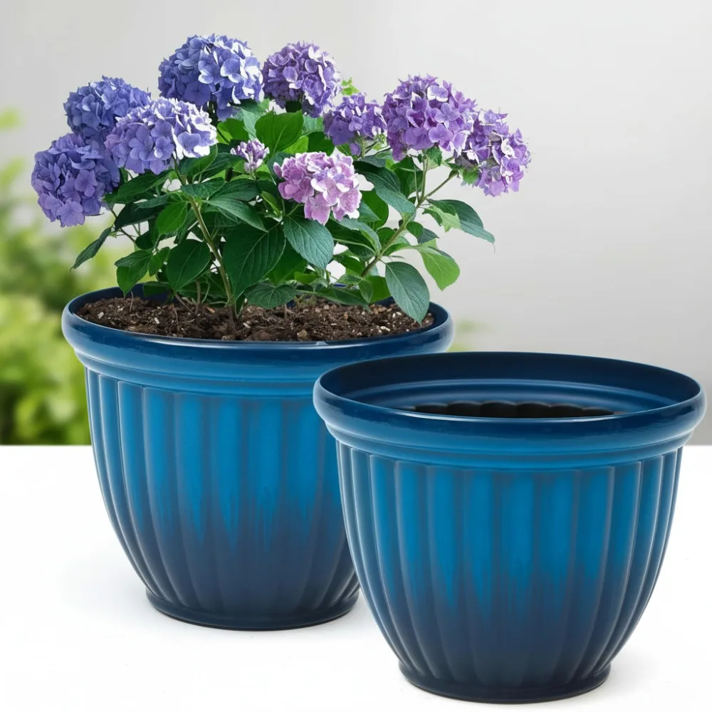 

Набор из 15 больших уличных цветочных горшков из 2 штук, градиентные синие пластиковые горшки с 3D текстурой, устойчивые к атмосферным воздействиям для садового патио