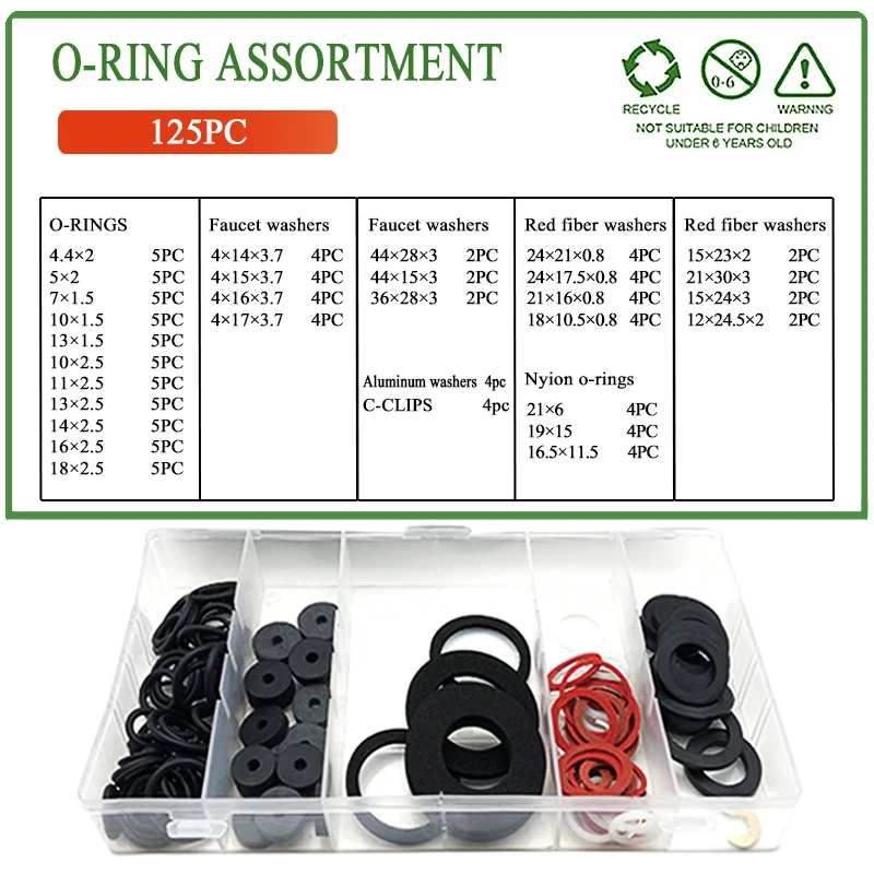 125pcs/set Rubber Assorted Tap Washers Replacement O Ring Sealing Bath Sink Basin Shower For Hot & Cold Faucet Grommet Black