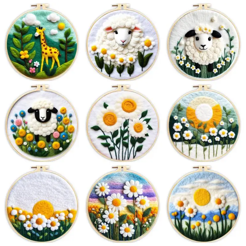 

Flowers Sheep Wool Felt Painting Craft Diy Needle Felting Kit For Adults Embroidery Hoop Foam Pad Felt Cloth Needle Felt Crafts