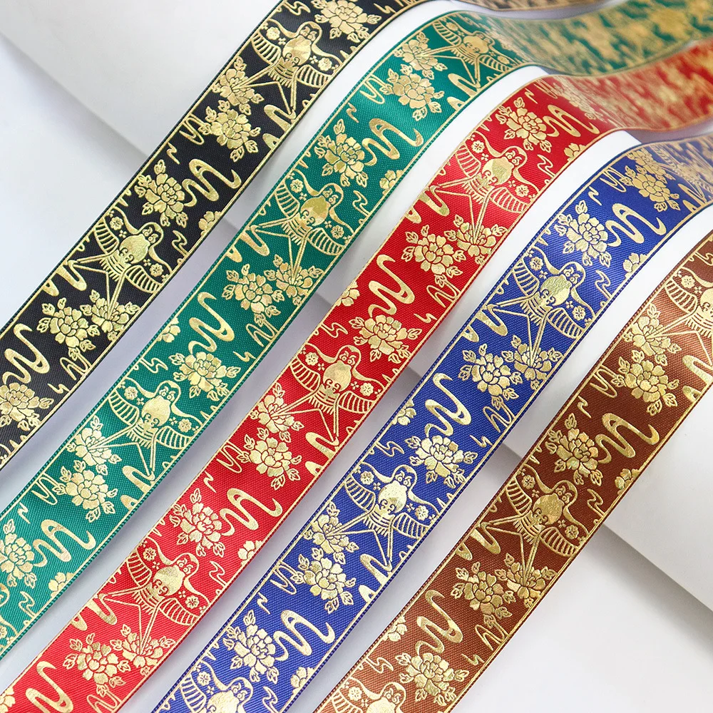 50Yards 25mm Hologram Cullet Gold Foil Kite Double Yama Satin Ribbon Spring Series