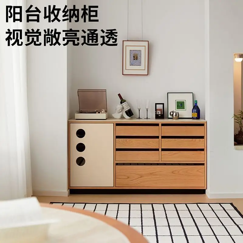 Medieval solid wood dining side cabinet Bauhaus small apartment dining room rock slab storage wall coffee cabinet integrated