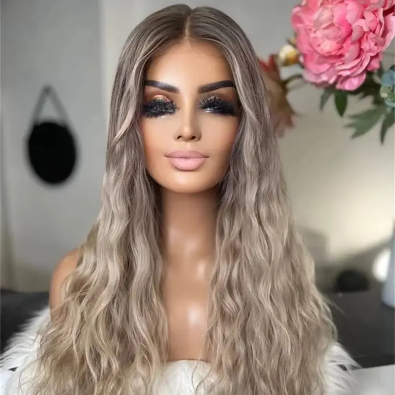 

Ombre Icy Platinum Blonde Highlights Synthetic Lace Front Wig Preplucked Hairline Water Wave HD Invisible Transparent Lace Wig