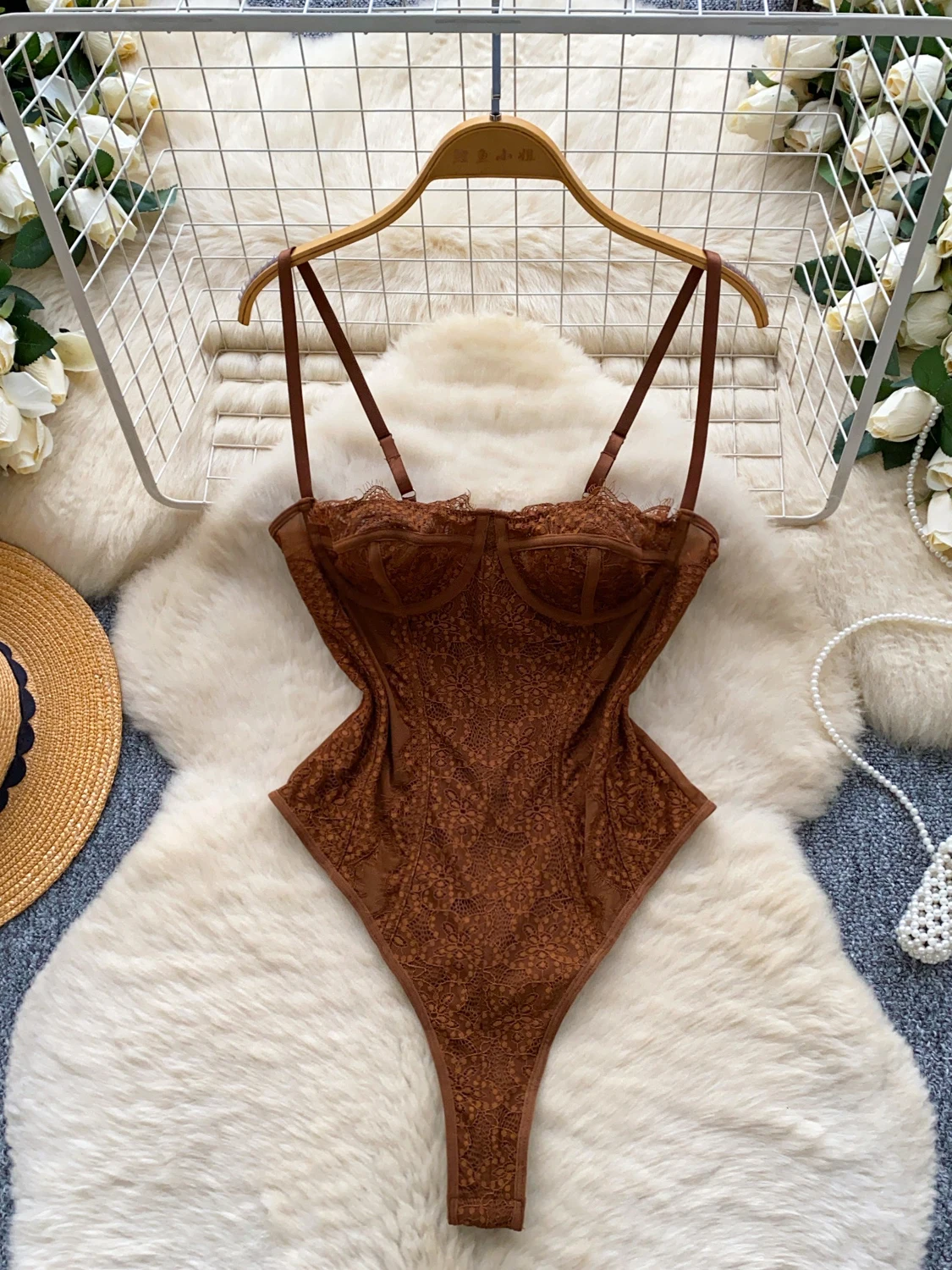

Женские коричневые кружевные комбинезоны, сексуальные комбинезоны, комбинезоны с открытыми плечами, купальники, винтажные экзотические комбинезоны Sissy, кокетка, летняя одежда