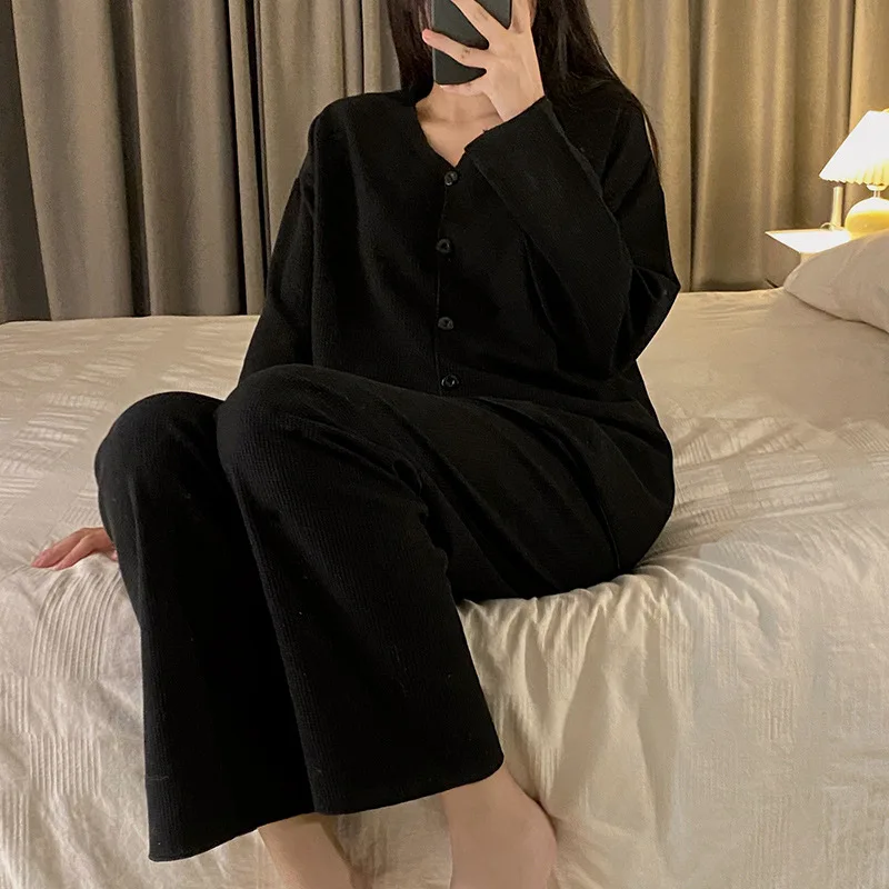 Simple Waffle Pajamas Sets For Women Casual Soft Female Home Sleepwear Cardigan Long Sleeve With Loose Pants 2Pcs Autumn Winter