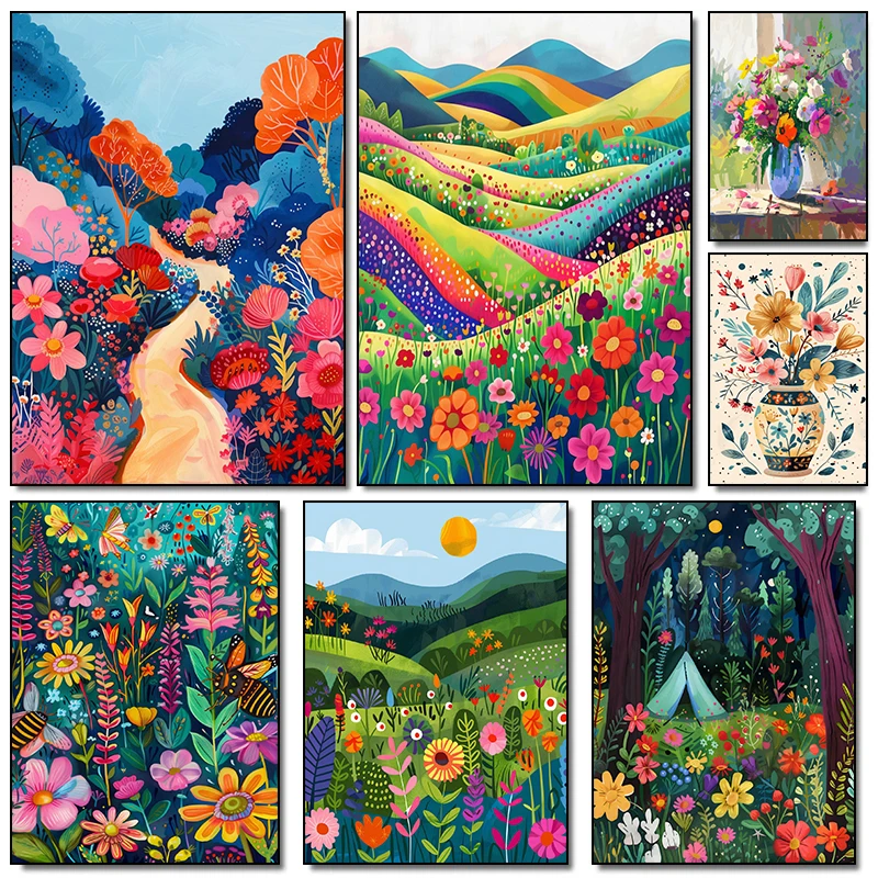 Garden Illustration Art Distant Mountain Flowers Colorful Nature Landscape Posters Wall Art Diamond Painting Nordic BedRoom De
