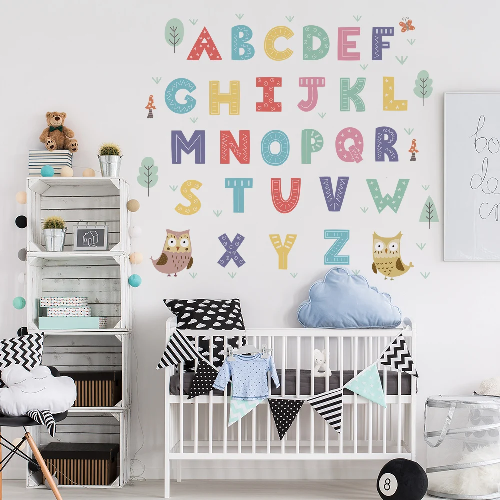 Cartoon English Alphabet Wall Stickers for Classroom Kids Bedroom Decor Eco-friendly PVC Wall Decals Home Decoration Art Murals