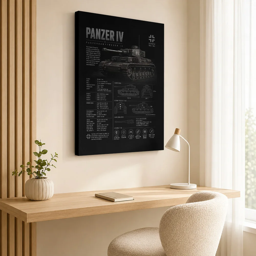 Panzer IV WWII Tank Canvas Print With Wooden Frame Personalized Photo, Annotated Technical Linework Wall Art For Home Office