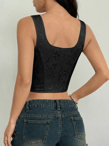 Imagen 2 del producto Un corsé negro de jacquard con varillas y cordones, perfecto para un look sofisticado. Top tipo camisola sexy y ajustado, ideal para citas.