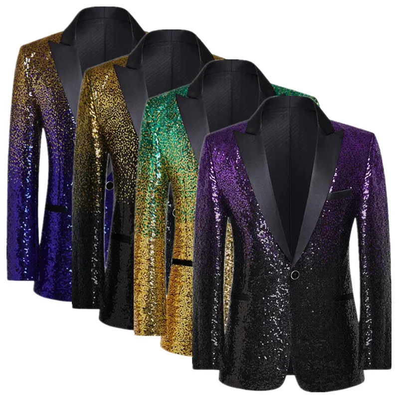

Black and Purple Men's Long-sleeved Suit Jacket, Wedding Party Dress Coat, Decorated with Metallic Sequins Slim Fit Blazers.