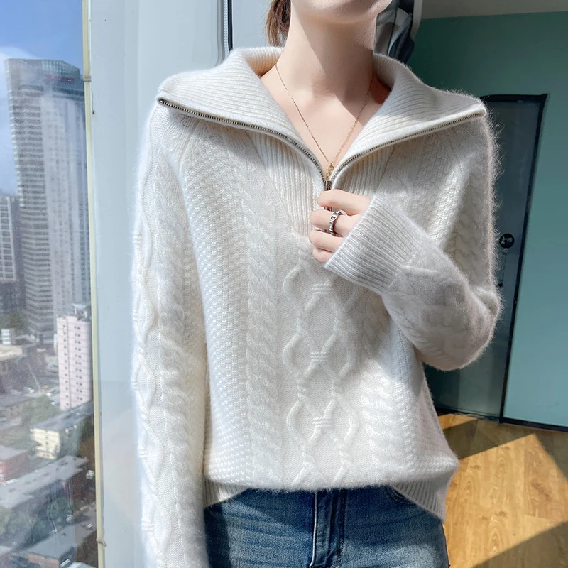 Half zip 100% Merino wool new fall/winter cashmere sweater Women's lapel pullover warm bottom knit shirt top