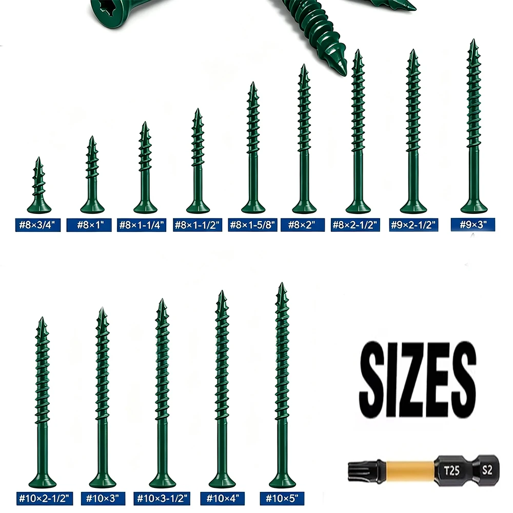 VKKM Green Wood Screws, Torx Star Drive Self‑Tapping Wood Fasteners with T25 Bit, for Furniture Cabinet Joinery & Indoor Wood Re