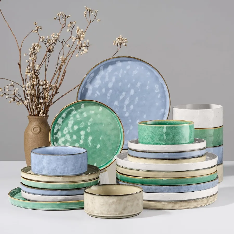 

Наборы столовой посуды Набор тарелок и мисок из 24 предметов Набор каменной посуды для 8 керамических посуды для домашнего ресторана Чіп и царапины R