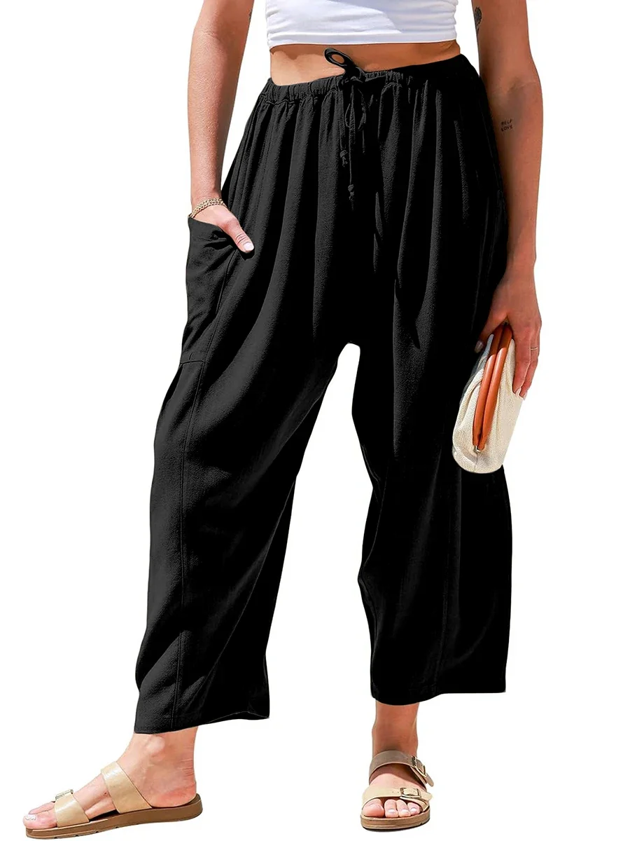 Casual Loose Wide Leg Trousers for Women High Waist Drawstring Pockets Baggy Palazzo Pants Solid Black Streetwear Outfits