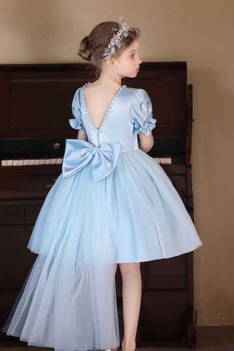 

2026 New Baby Girls Blue Back Bow Flower Dress, Princess Kids Sweet Fashion Party Dress 1-10 T