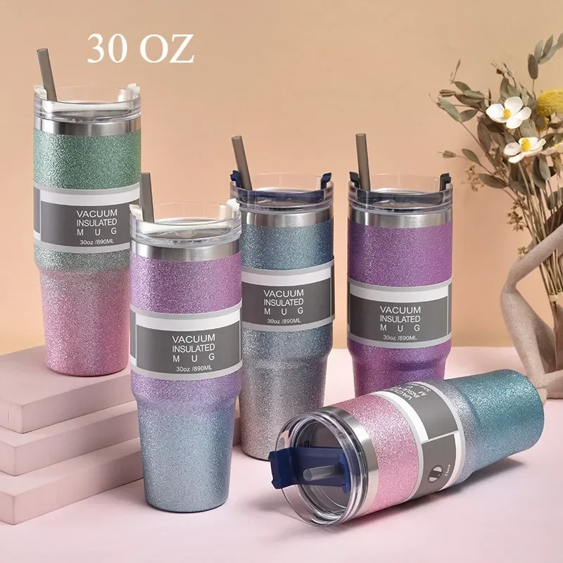 

Stainless Steel Vacuum Insulated Water Bottle Thermal Coffee Car Cup Cold Hot Mugs Vacuum Flask with Straw Thermos 30Oz Cup