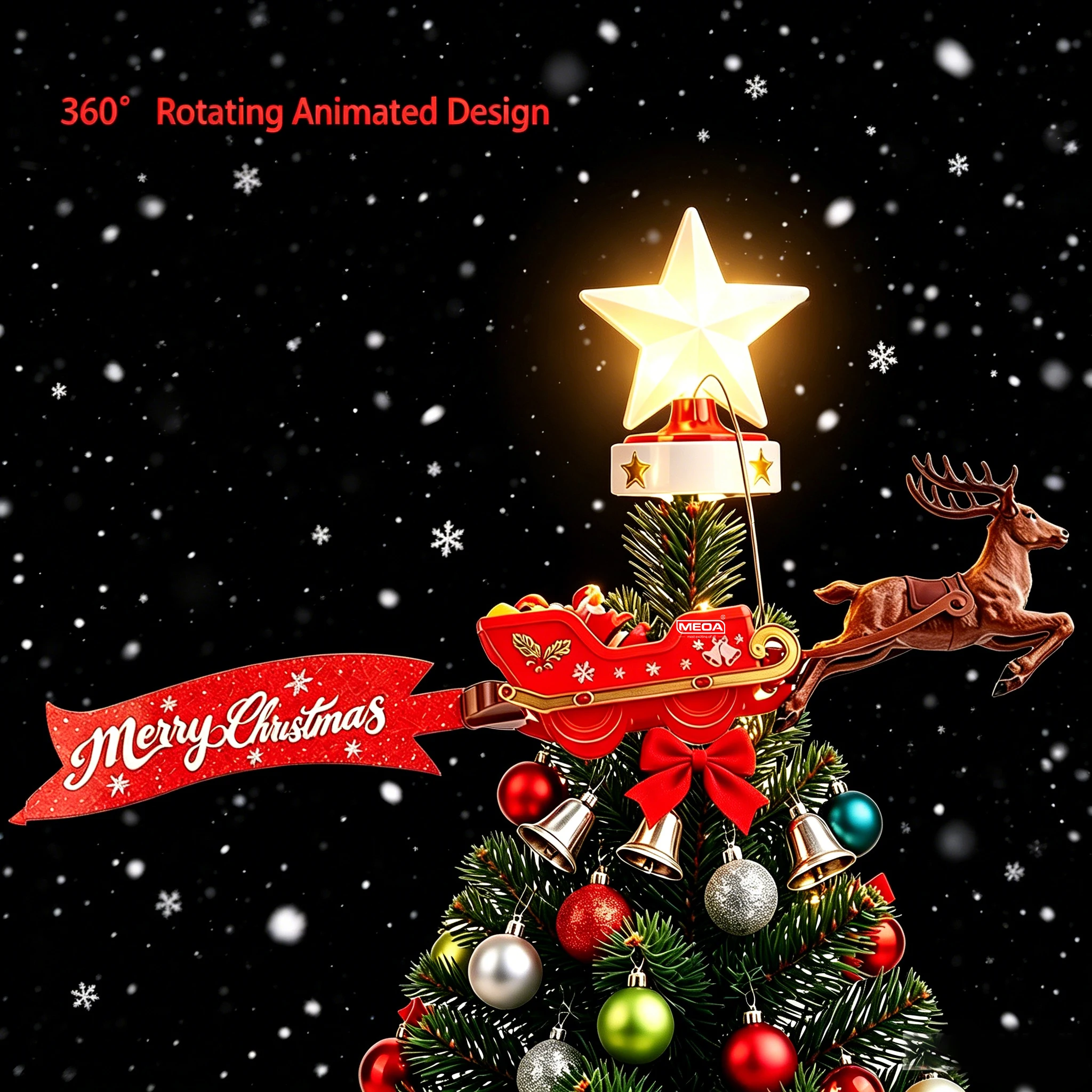 360°Rotating Animated Lighted Star Christmas Tree Topper Santa Sleigh Reindeer Xmas Tree Top Decor Holiday Home Party Decor Gift