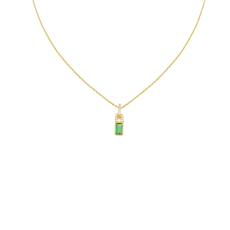 S925 Sterling Silver Light Luxury Premium Geometric Square Design Necklace Vintage Emerald Diamond Pendant