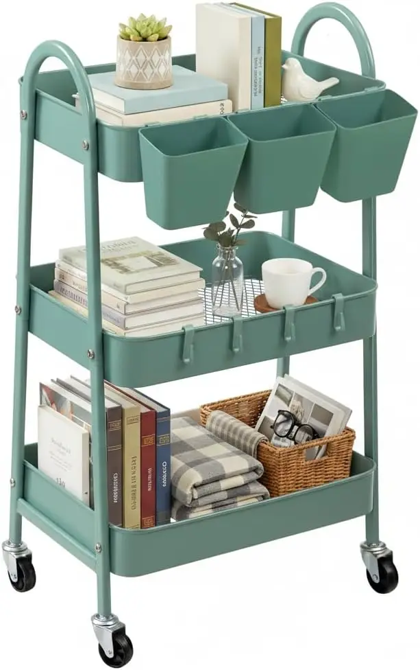 

3-Tier Rolling Cart with Lockable Wheels & Hanging Accessories for Kitchen, Bathroom, Office, Workshop - Green