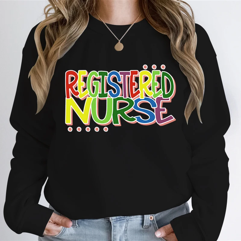 Registered Nurse Graphic Sweatshirts Women Trendy Colourful Registered Nurse Text Cartoon Sweatshirt Nurse Gift Casual Hoodies