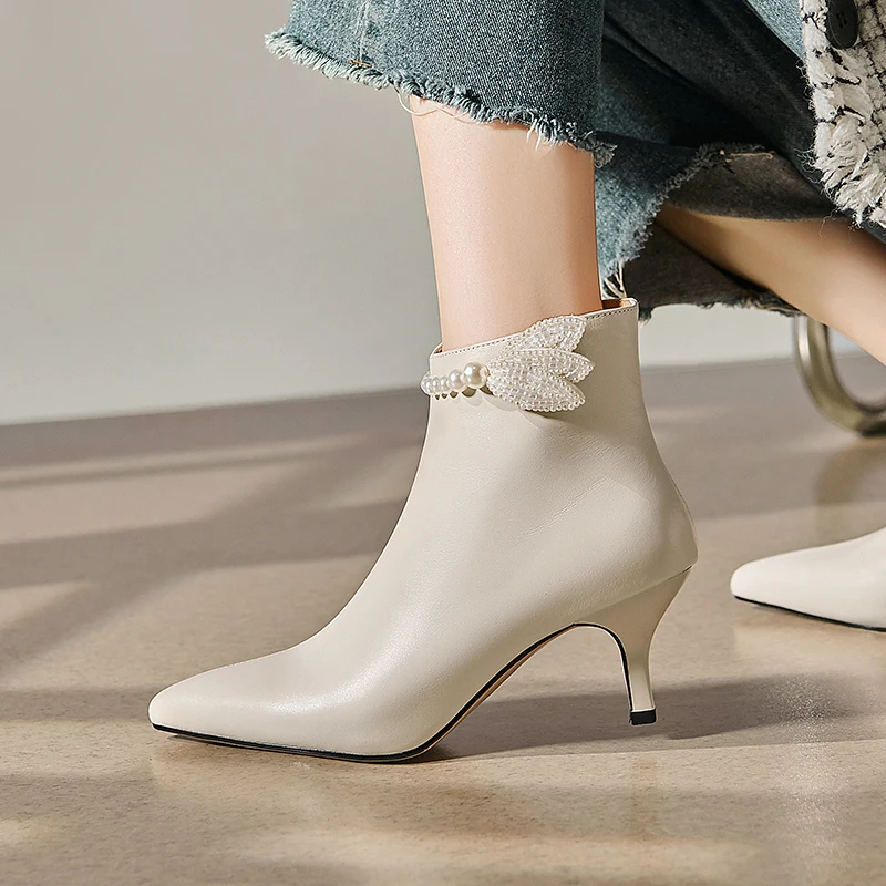 

Handmade Genuine Leather Sexy Ankle boots Pointed Toe White High Heels Side Zipper string Bead Elegant Pumps For Women