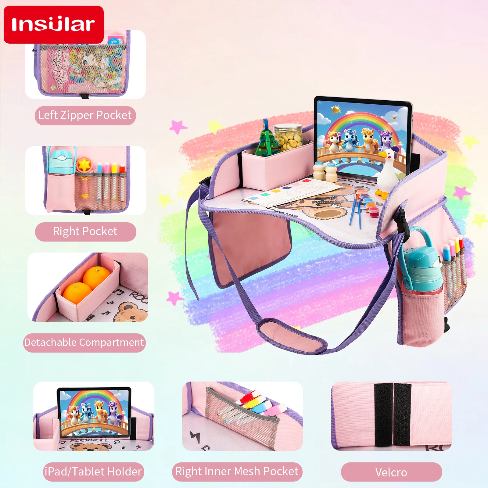 Kids Travel Tray Storage Pocket Waterproof Toy Painting Board Portable Safety Seat Folding Table Painting Board Vehicle-mounted