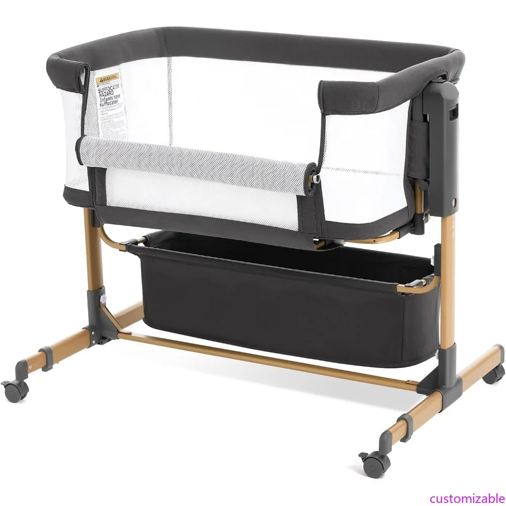 Baby Bassinet Bedside Sleeper,3-in-1 Rocking Bassinet for Baby with 6-Level Height Adjustable, 4 Wheels & Breathable Mesh Walls,