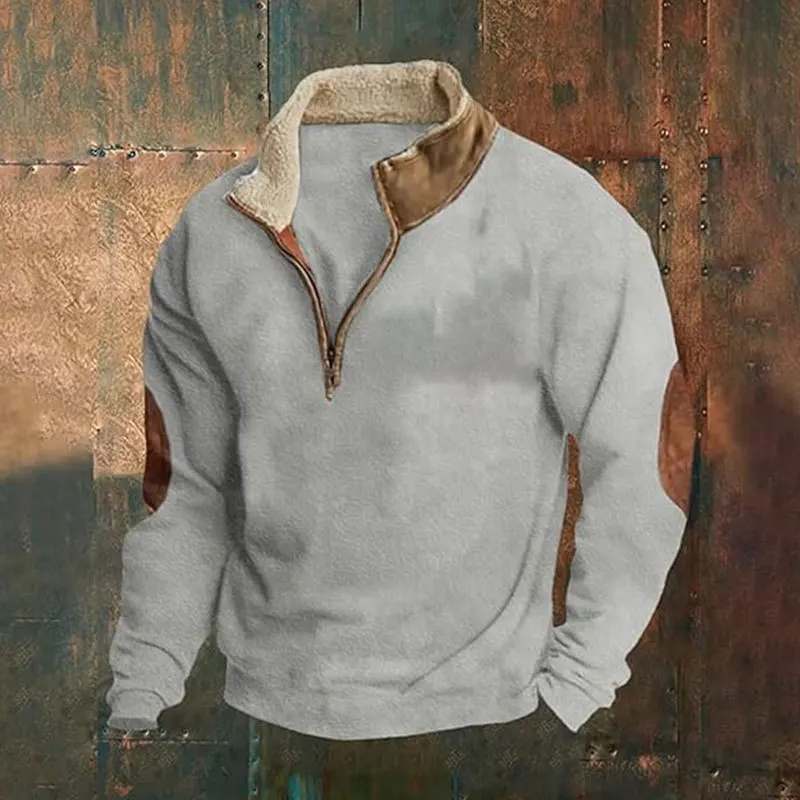 A new retro patchwork embroidered semi-open men's long-sleeved sweatshirt
