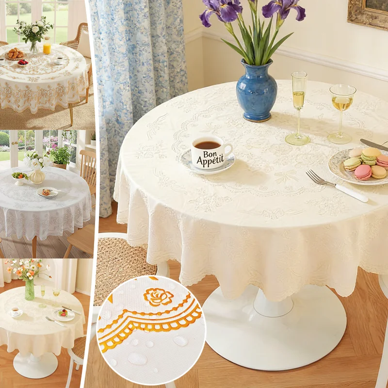 High End Gold-plated Table Cloth, Wave Lace Waterproof PVC Table Cover Anti-scalding Wash-free Dining Tablecloth for Home Hotel