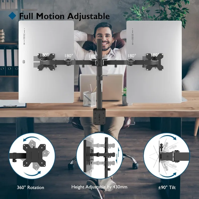 Ergonomischer Doppelmonitor-Arm Tischhalterung für 13 bis 30 Zoll Computerbildschirme, Standard VESA 75x75 /100x100mm Montagemuster, Höhenverstellbar Neig- und Schwenkbar Doppelmonitorständer für
