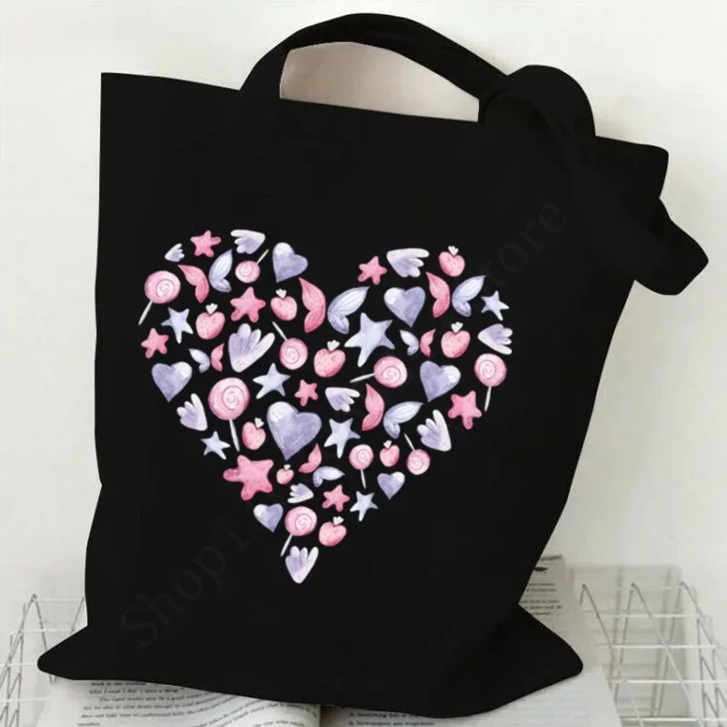 

Холщовая большая сумка с сердечным узором и цветочными красочными ботаническими элементами, модная сумка на плечо, романтический аксессуар для покупок