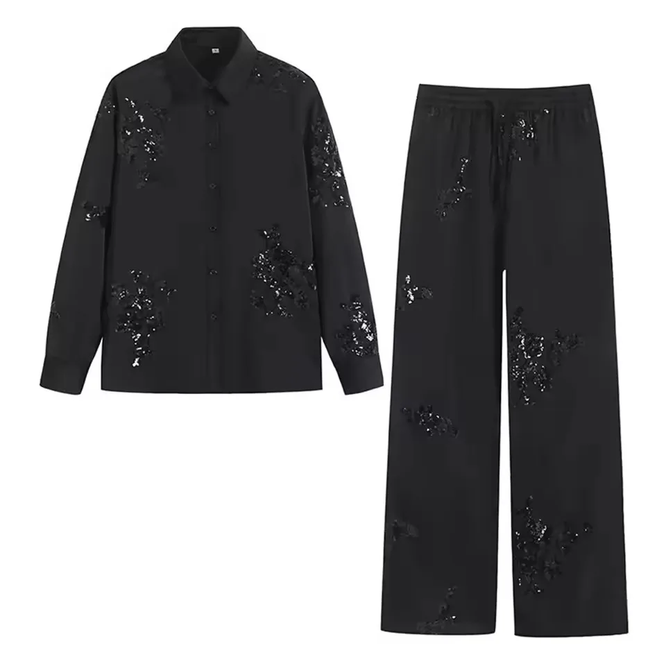 Women's Heavy Industry Embroidered Shirt and Pant 2-piece Set 2025 New Spring Summer Sequin Satin Tops Trousers Women Outfit