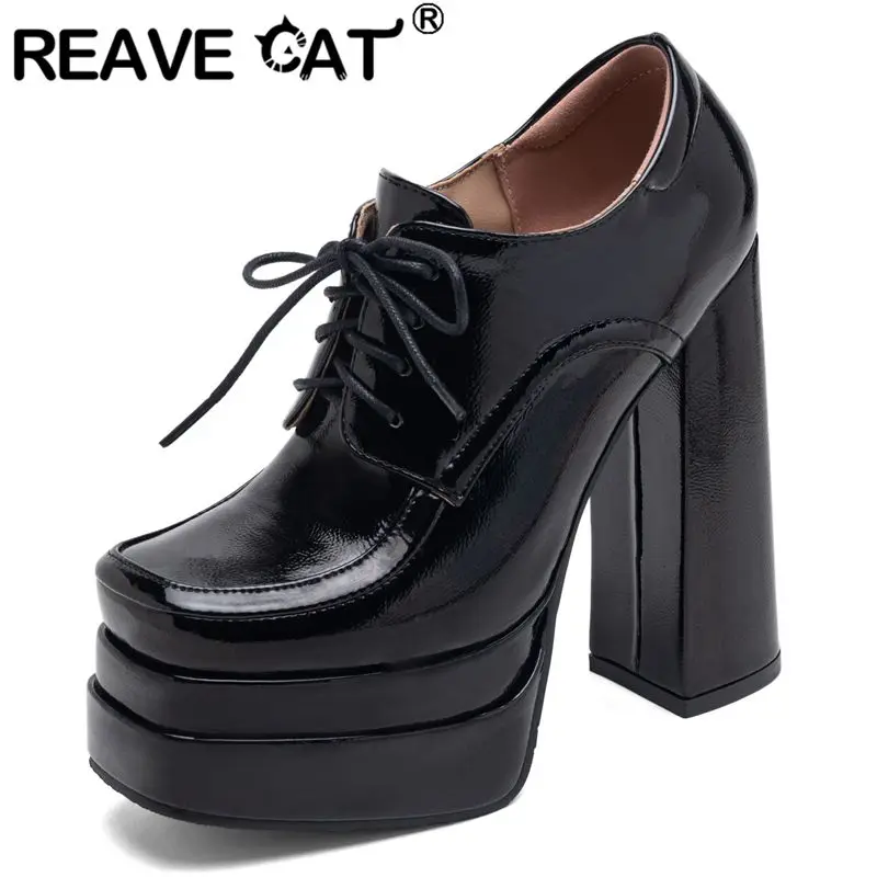 REAVE CAT Sexy Female Pumps Square Toe Block Heels 14cm Double Platform Hill 4cm Lace Up Plus Size 43 44 45 Fashion Party Shoes